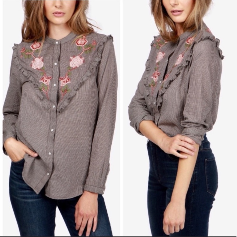Lucky Brand Western Plaid Button Down Embroidered Floral Blouse